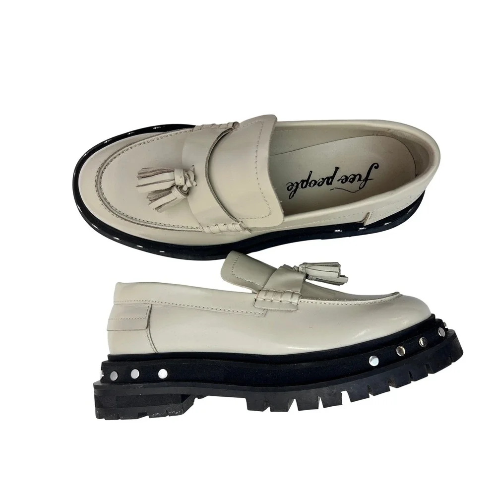 Free People Lug Sole Loafers Womens 7.5 Cream Excellent‎ Studded Tassel Platform